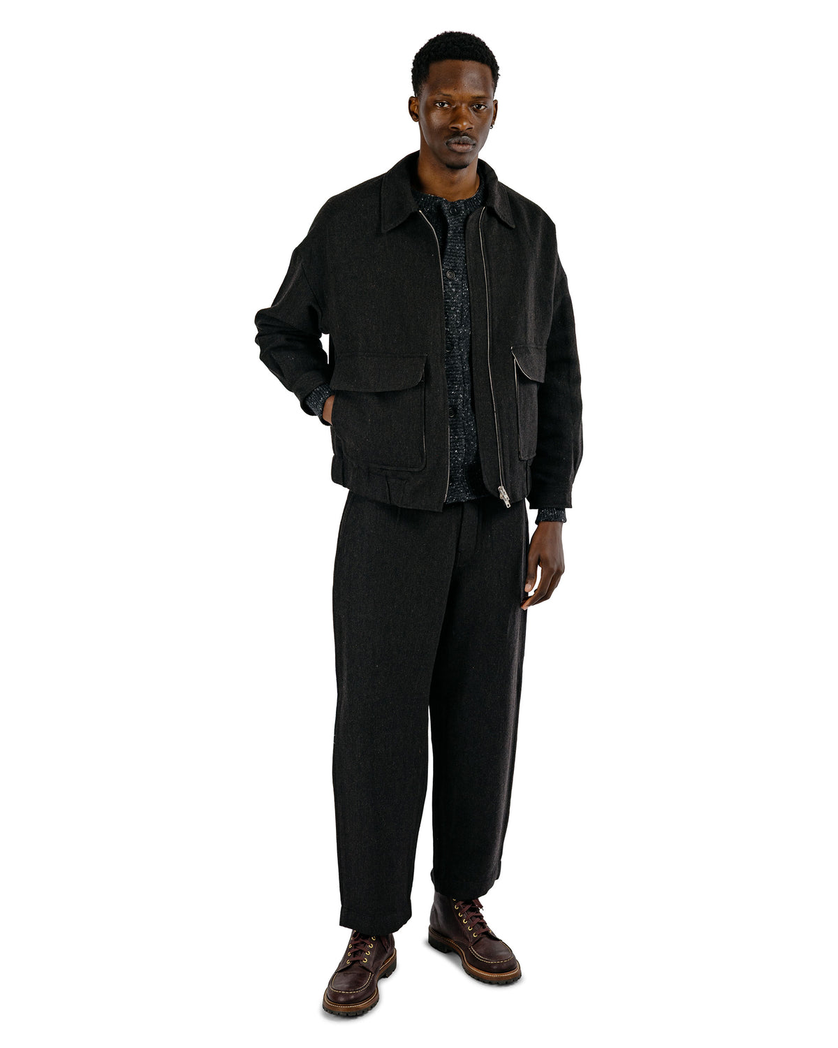 evan kinori Zip Jacket Two Wool Linen Herringbone Black/Brown