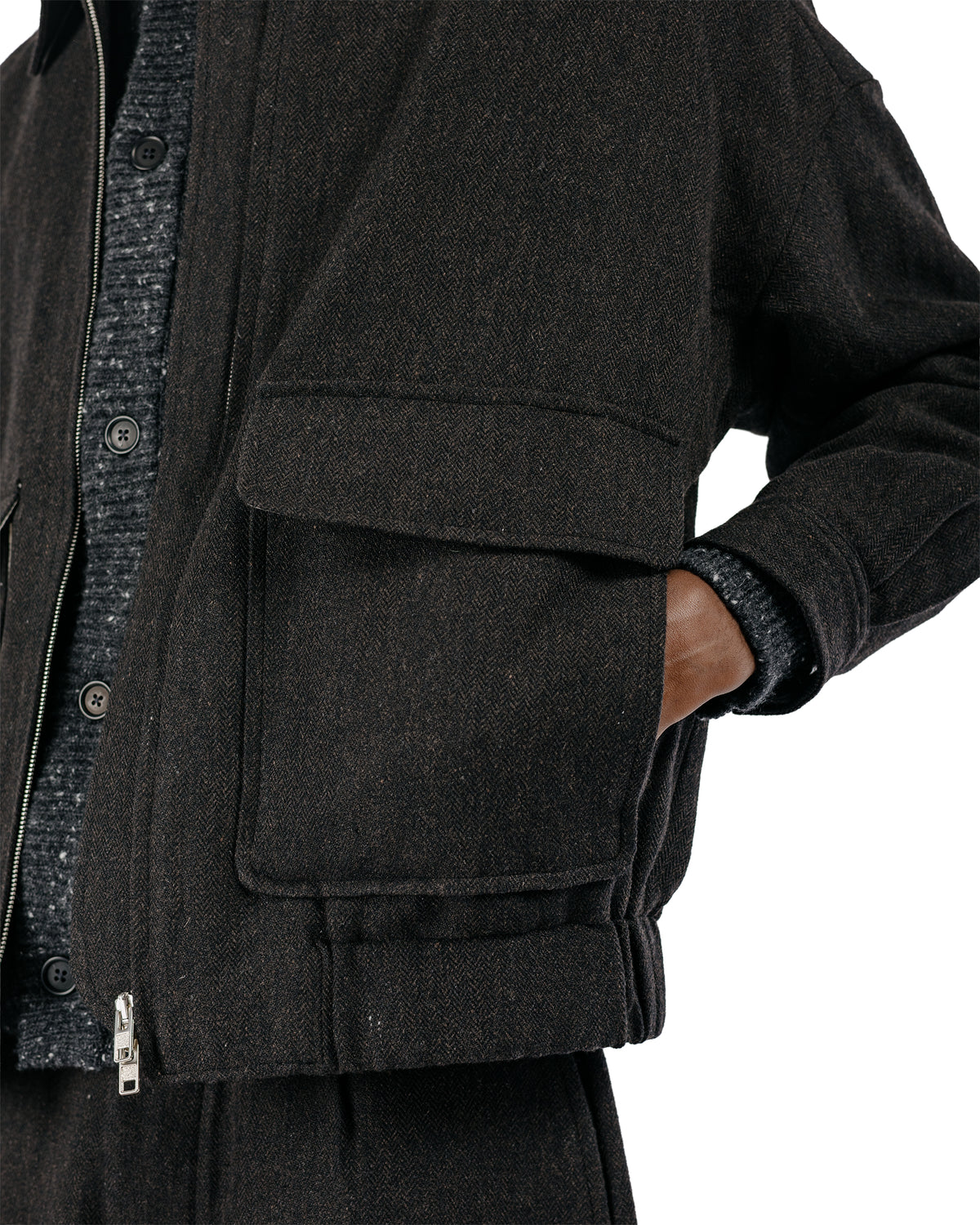evan kinori Zip Jacket Two Wool Linen Herringbone Black/Brown