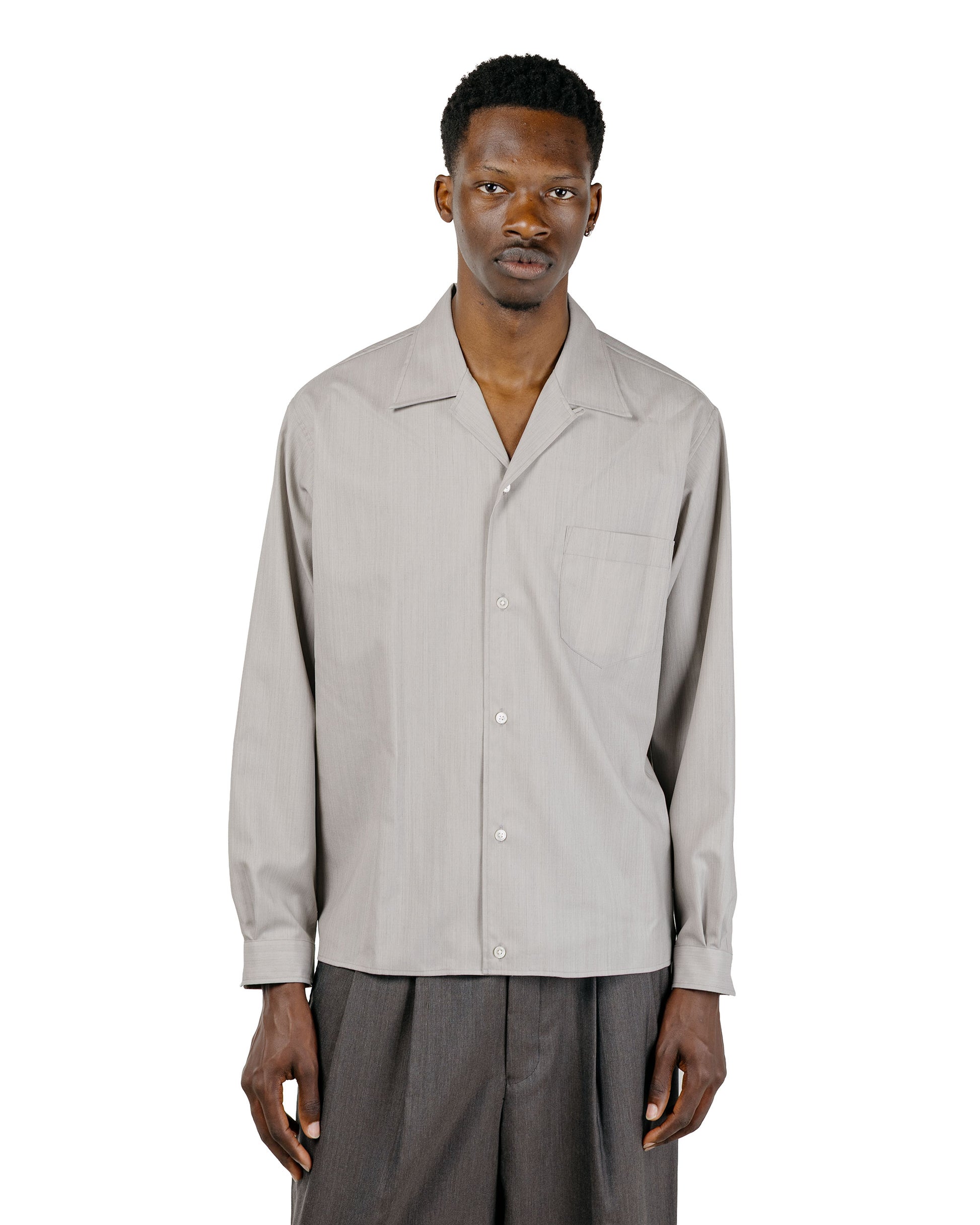 marka 2/60 Wool Tropical Melange Open Collar L/S Shirt With Hem Tab Light Gray