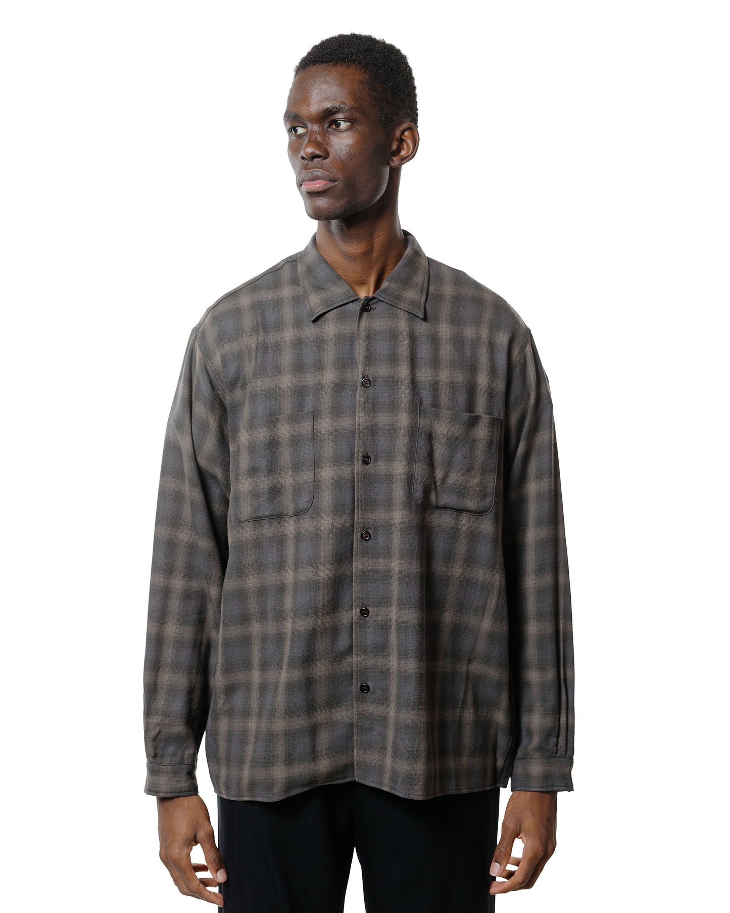 marka Double Pocket Open Collar L/S Super 140s 2/96 Wool Viyella Gray Check