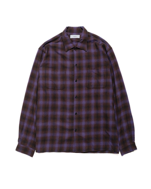 marka Double Pocket Open Collar L/S Super 140s 2/96 Wool Viyella Purple Check