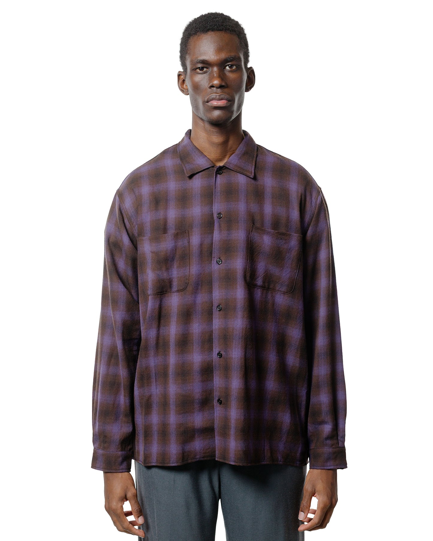 marka Double Pocket Open Collar L/S Super 140s 2/96 Wool Viyella Purple Check