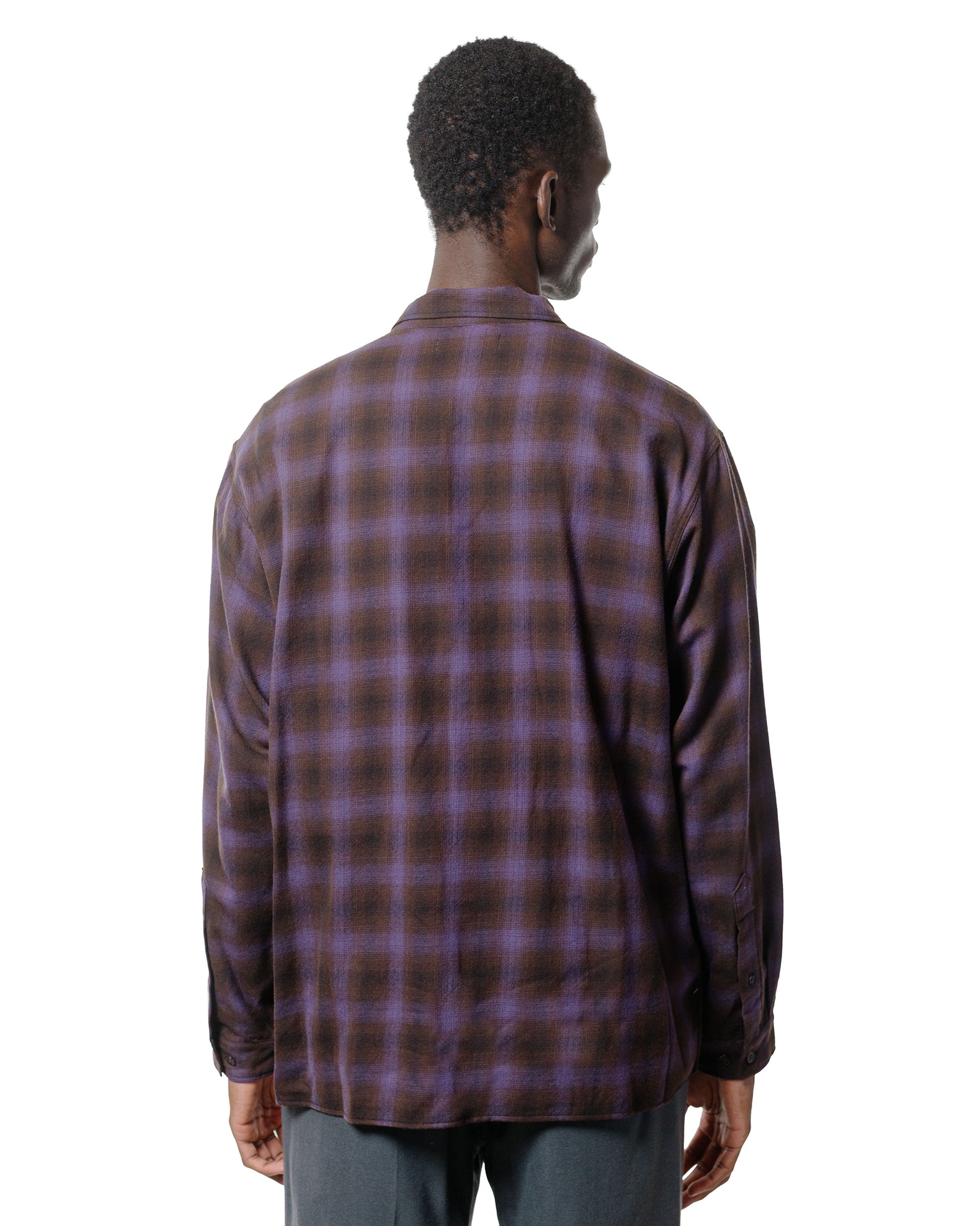 marka Double Pocket Open Collar L/S Super 140s 2/96 Wool Viyella Purple Check