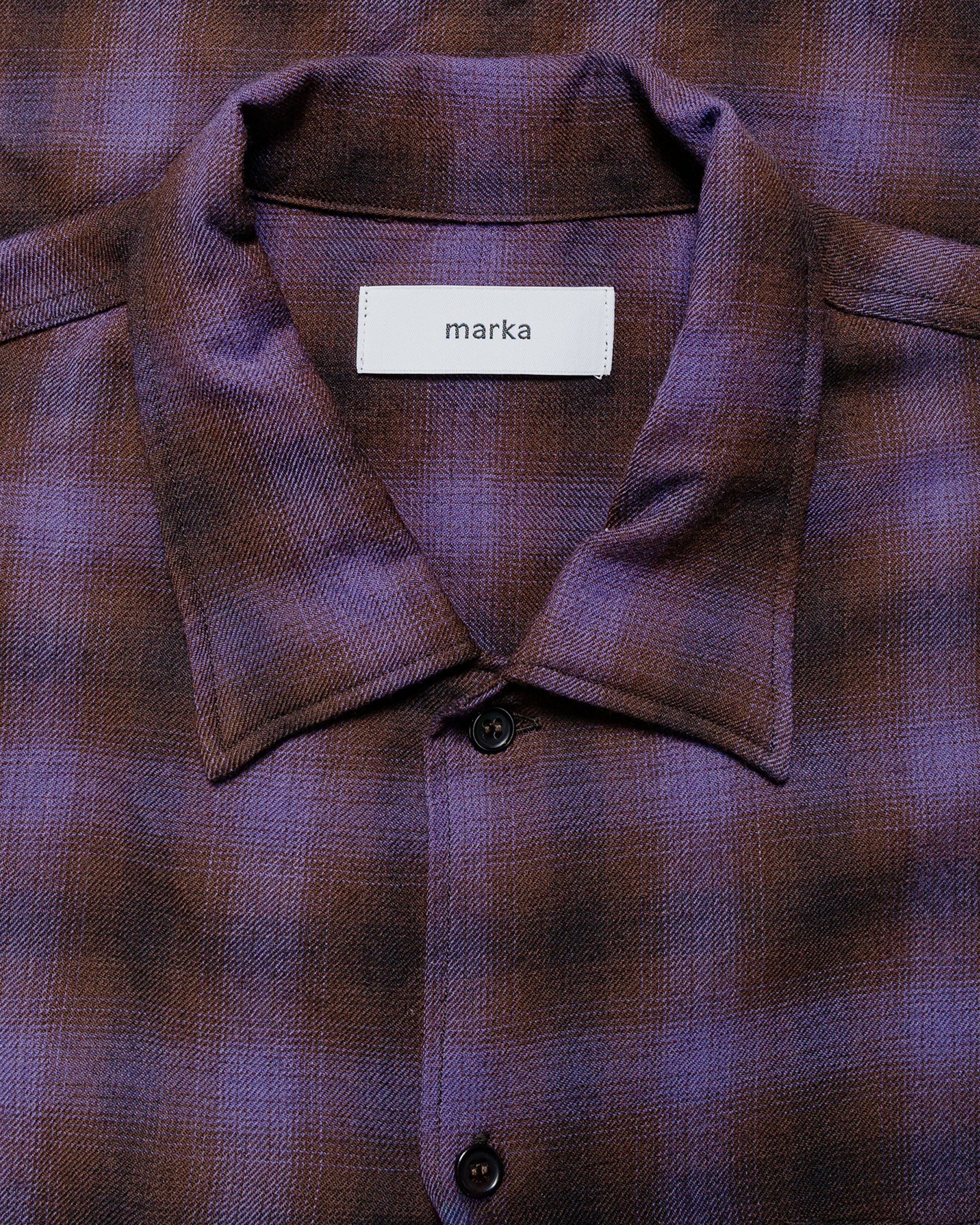 marka Double Pocket Open Collar L/S Super 140s 2/96 Wool Viyella Purple Check
