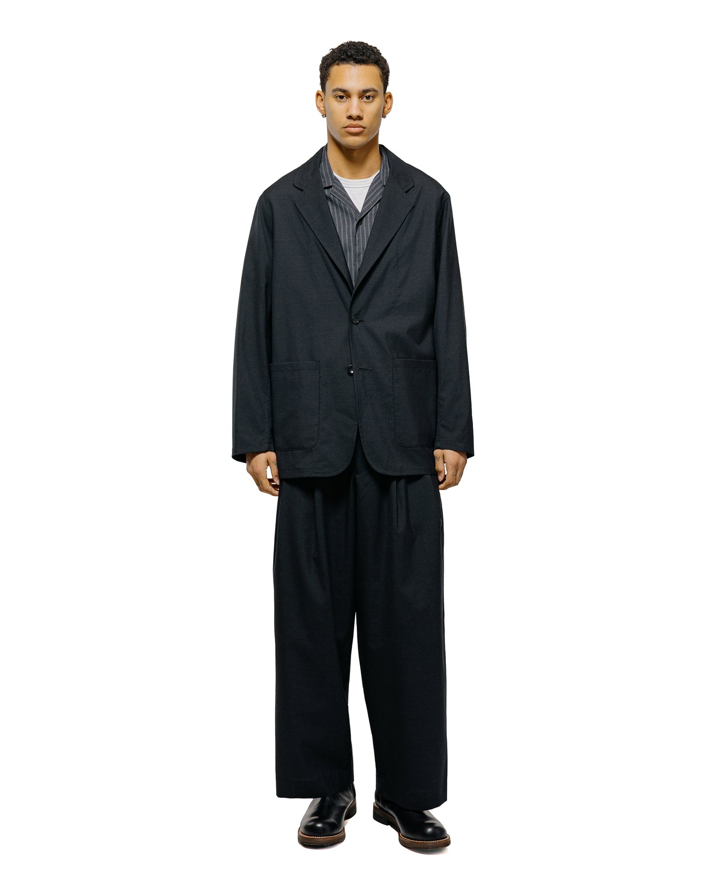 lost & found MARKAWARE marka Double Pocket Open Collar Shirt 2/72 Wool Tropical Washer Gray Stripe