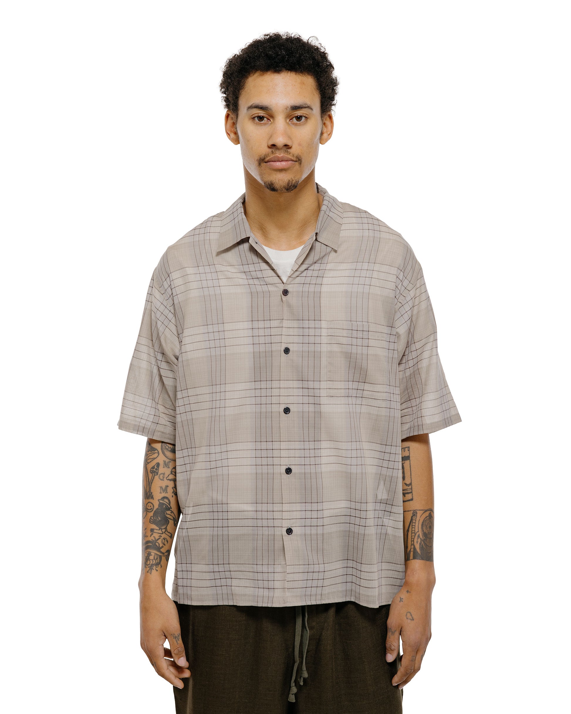 lost & found MARKAWARE marka Open Collar S/S Shirt Organic Cotton High Twisted Loan Sage Check