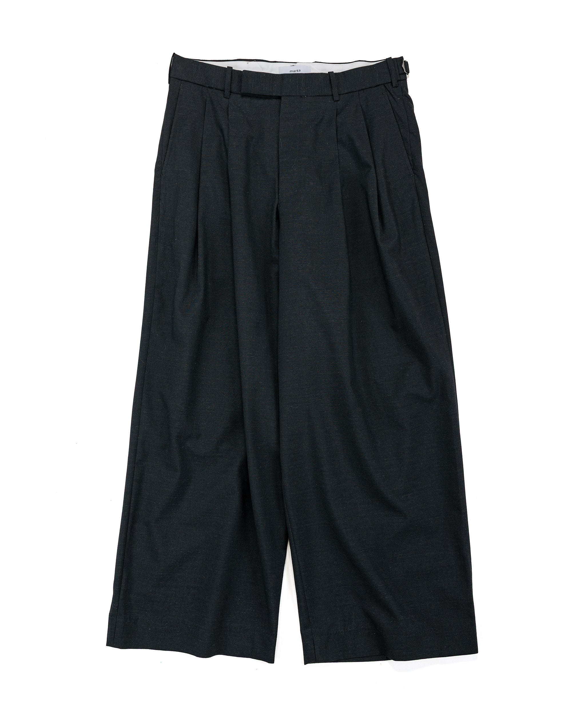 marka Two Tuck Baggy Trousers 2/72 Wool Tropical Washer Chambray Black