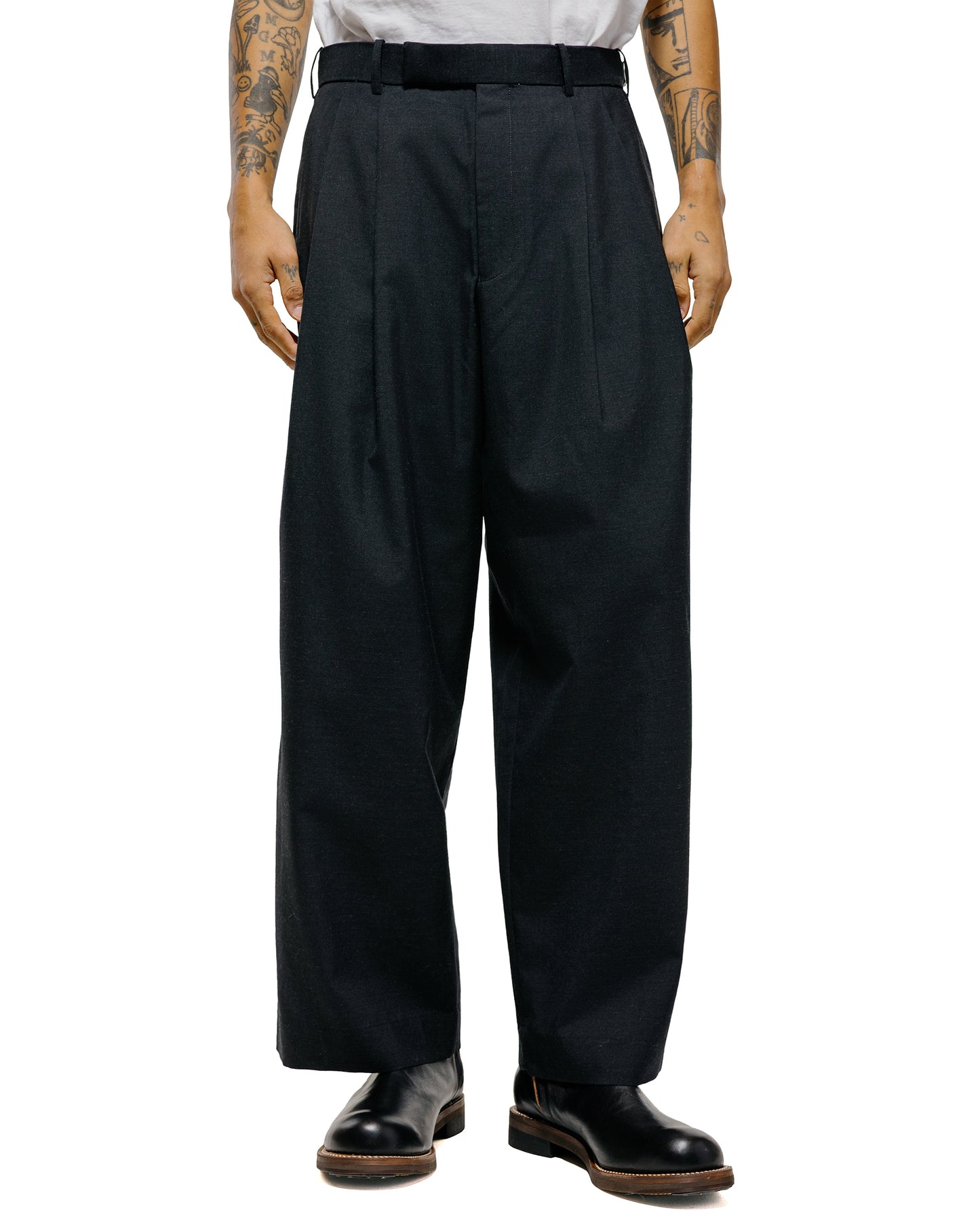 lost & found MARKAWARE marka Two Tuck Baggy Trousers 2/72 Wool Tropical Washer Chambray Black