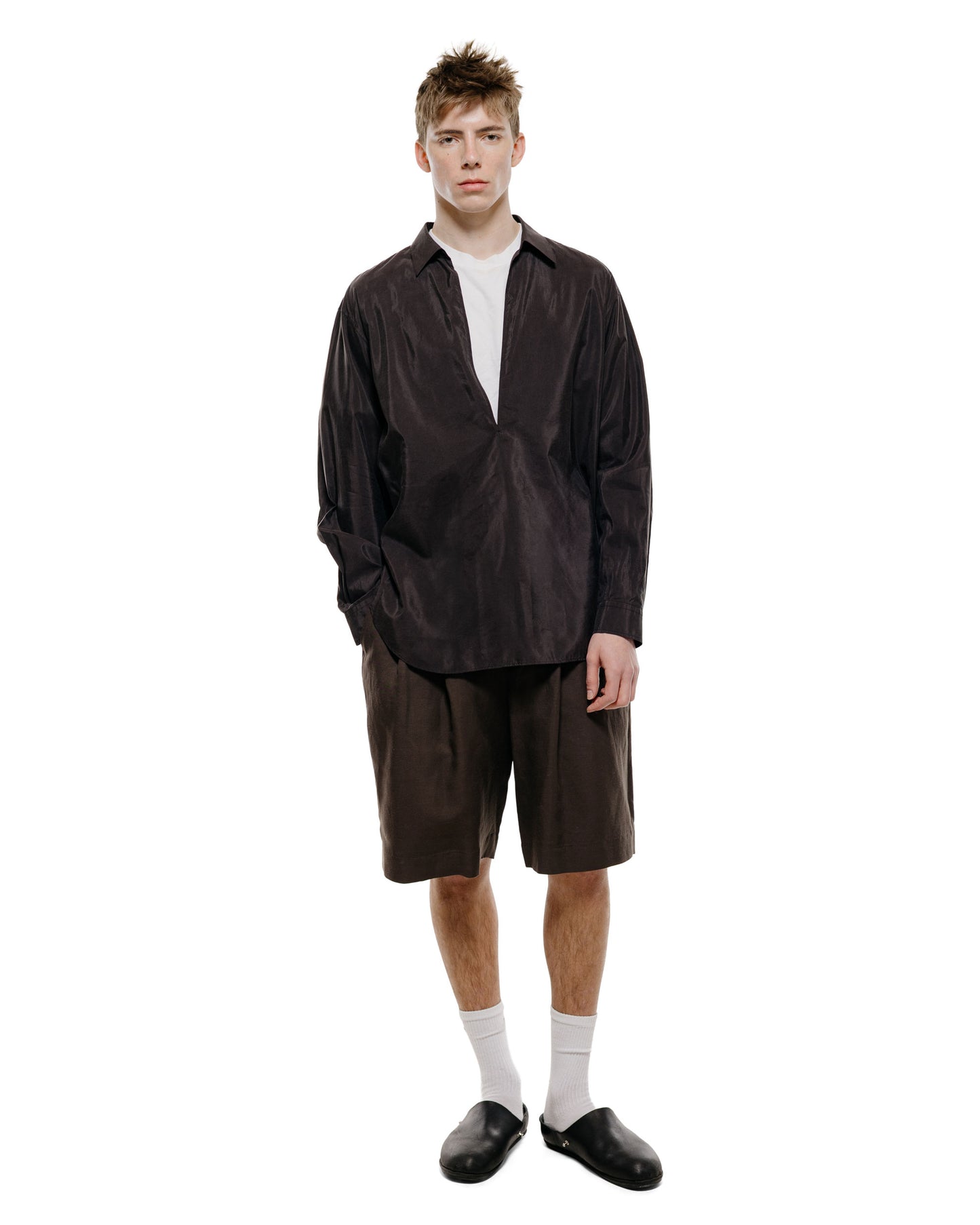 ssstein Silk Nylon Skipper Shirt Charcoal Brown