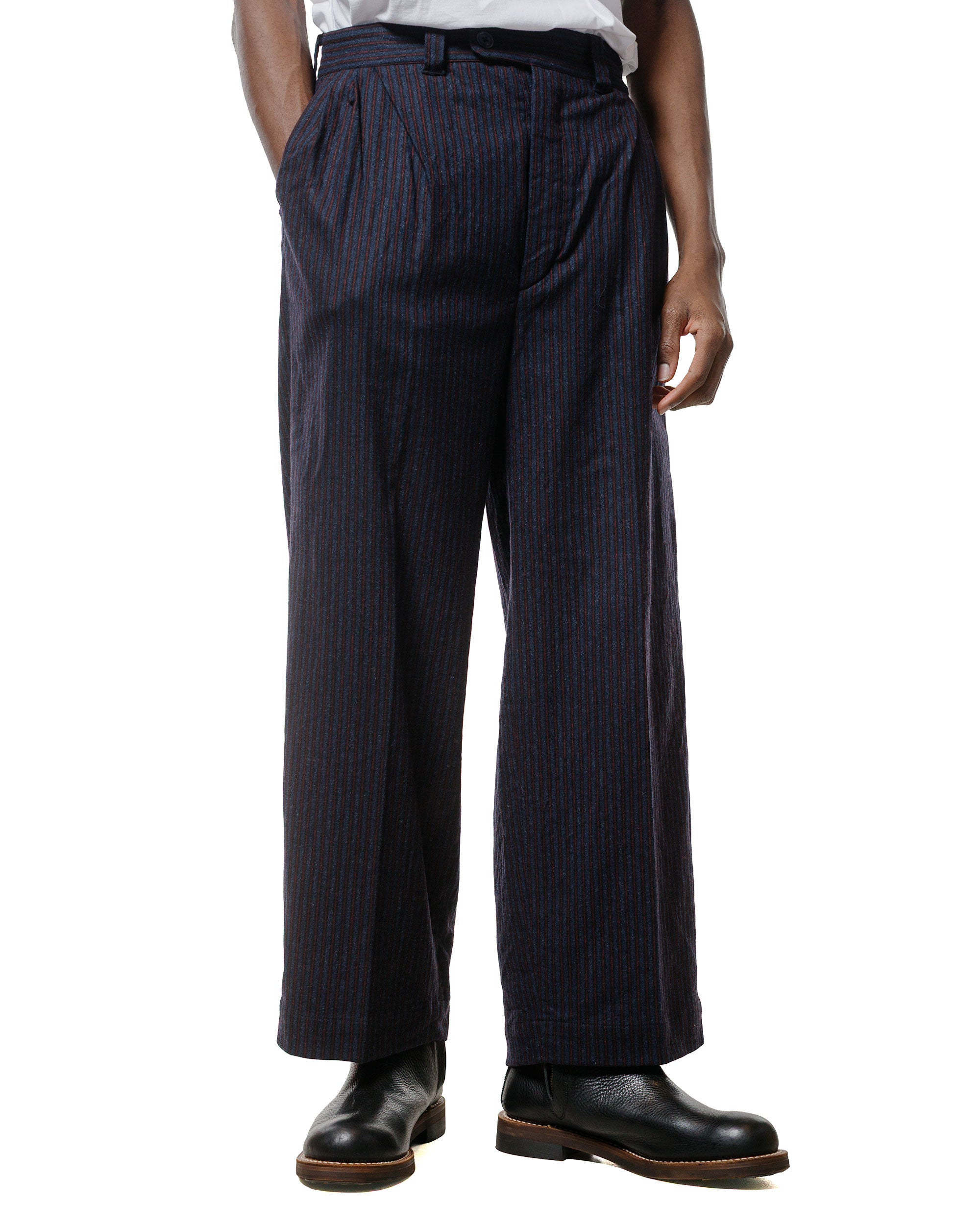 ts(s) 3 Tuck Baggy Pants Stripe Cotton/Wool Stretch Cloth Navy