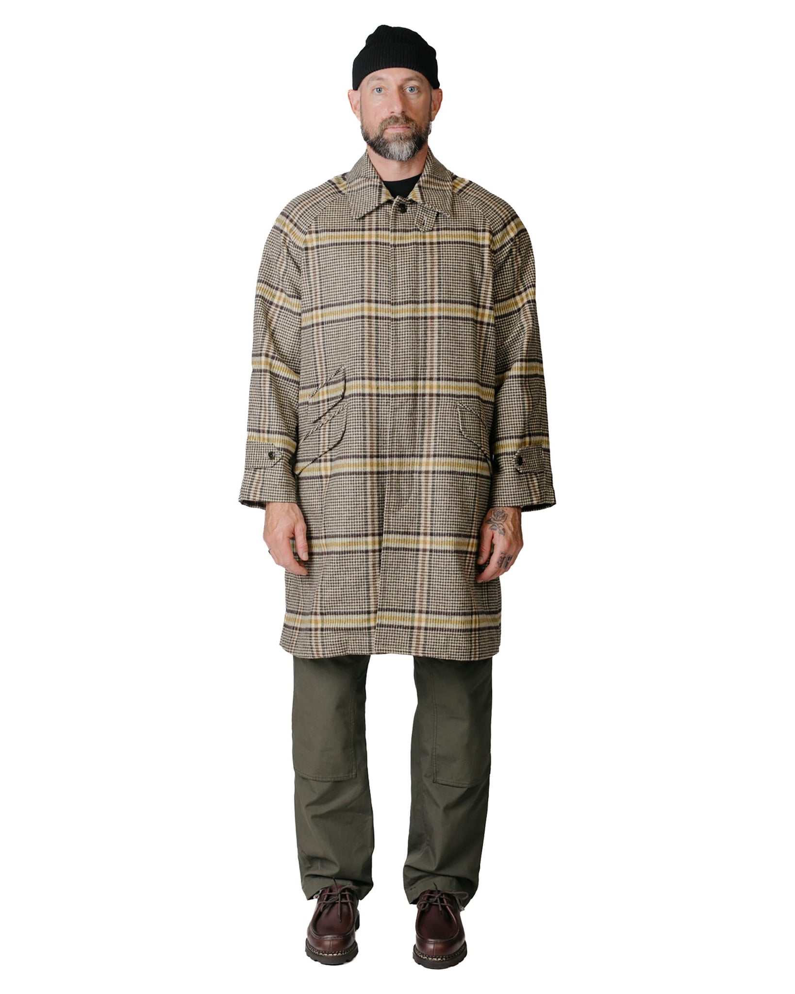 ts(s) Fly Front Raglan Sleeve Coat Colour Glen Plaid Wool Blend Melton Cloth Brown/Yellow