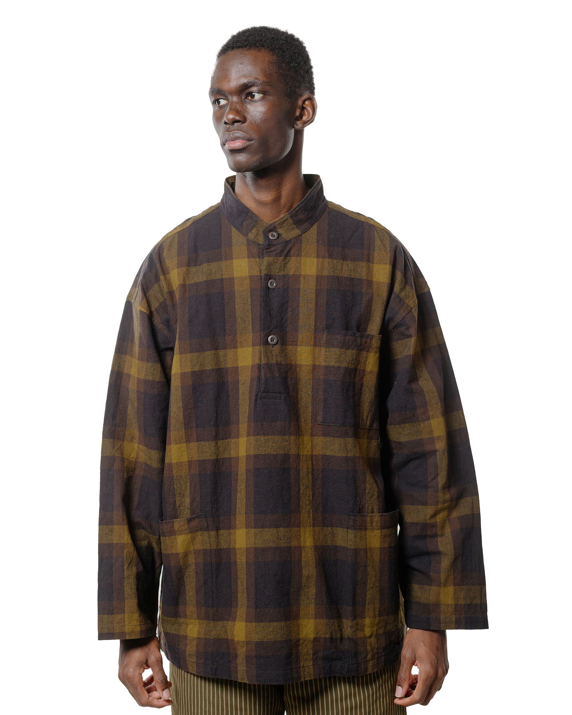 ts(s) Pullover Work Shirt Jacket Dark Tone Plaid Slub Cotton Cloth Oli