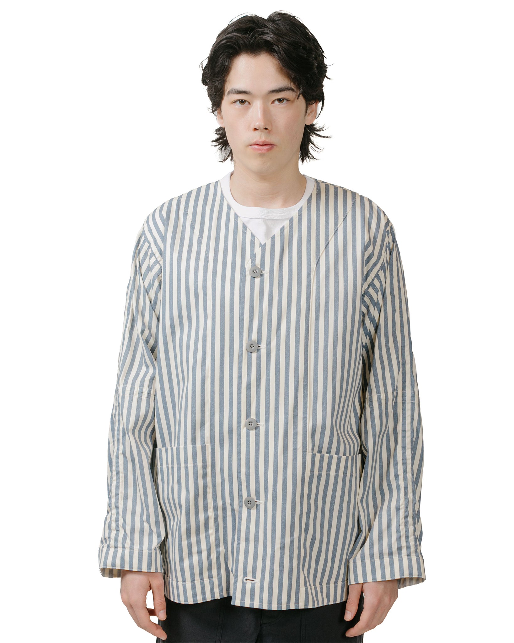 ts(s) Reversible Seam Taping Collarless Jacket Block Stripe Print Cotton Twill Cloth Blue model front