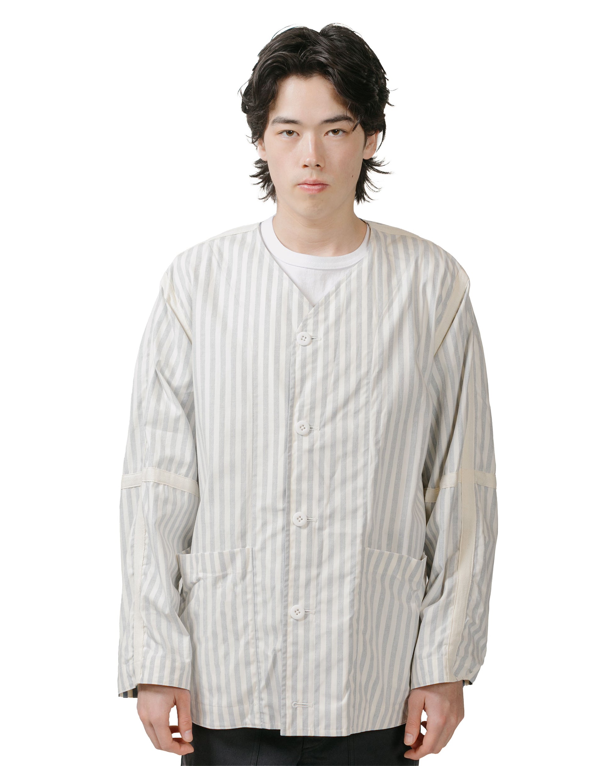 ts(s) Reversible Seam Taping Collarless Jacket Block Stripe Print Cotton Twill Cloth Blue reverse front