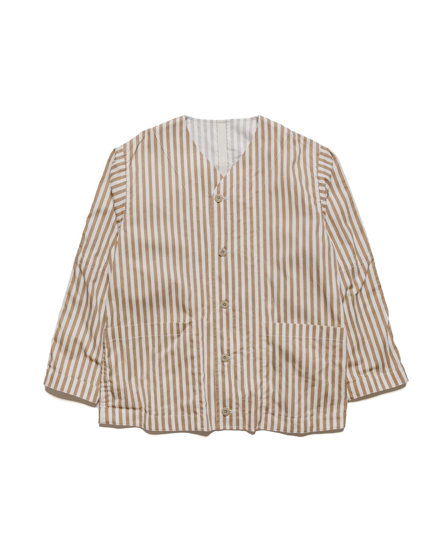 ts(s) Reversible Seam Taping Collarless Jacket Block Stripe Print Cotton Twill Cloth Brown 