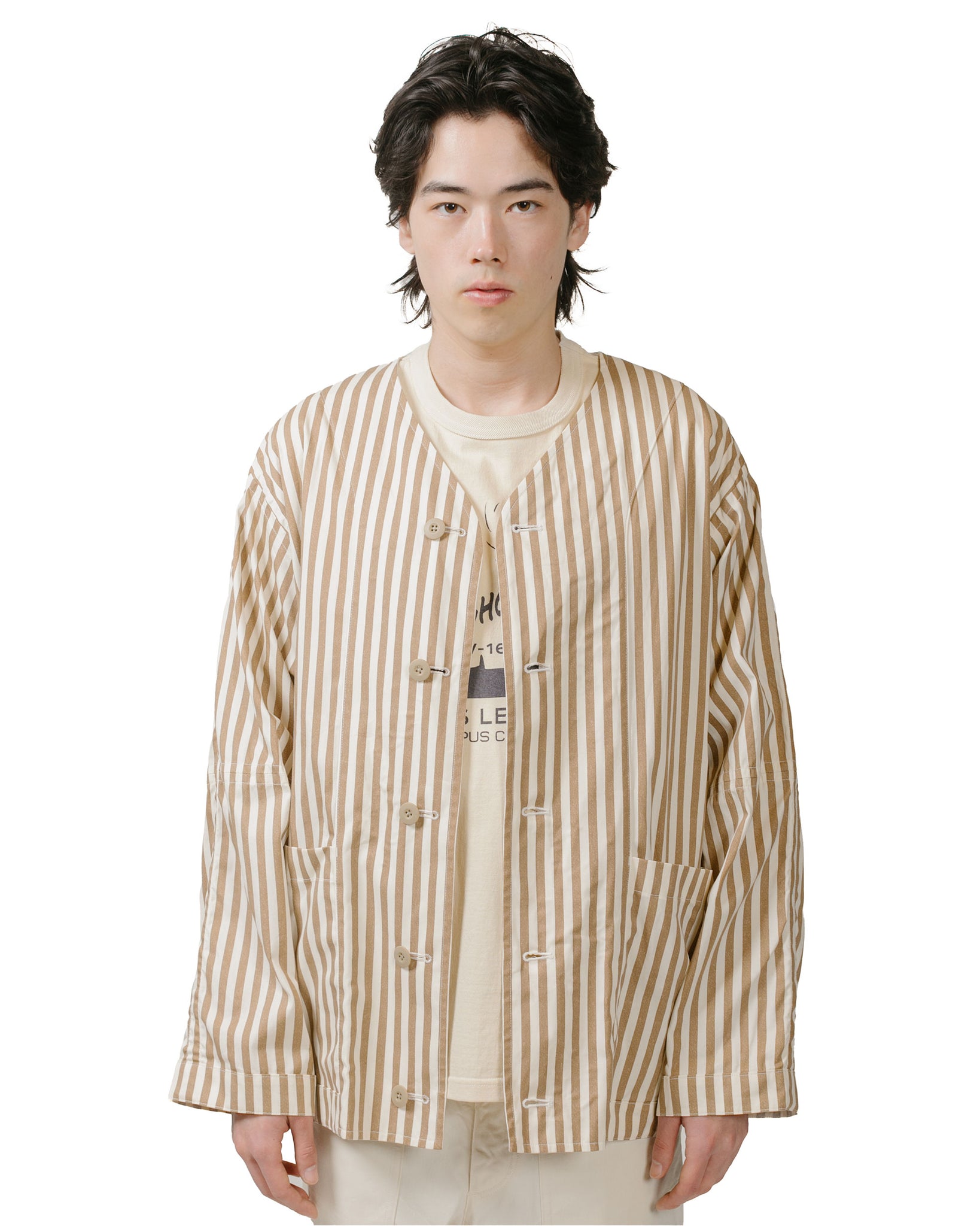 ts(s) Reversible Seam Taping Collarless Jacket Block Stripe Print Cotton Twill Cloth Brown model front