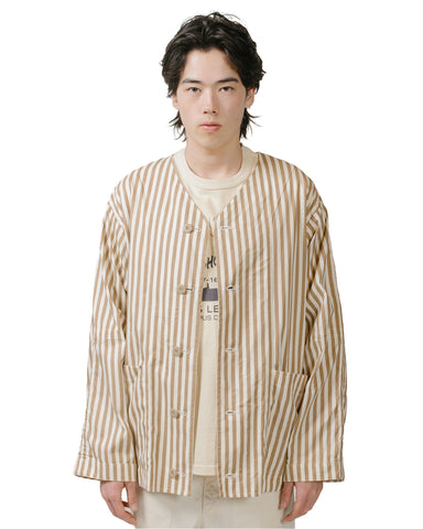 ts(s) Reversible Seam Taping Collarless Jacket Block Stripe Print Cotton Twill Cloth Brown 