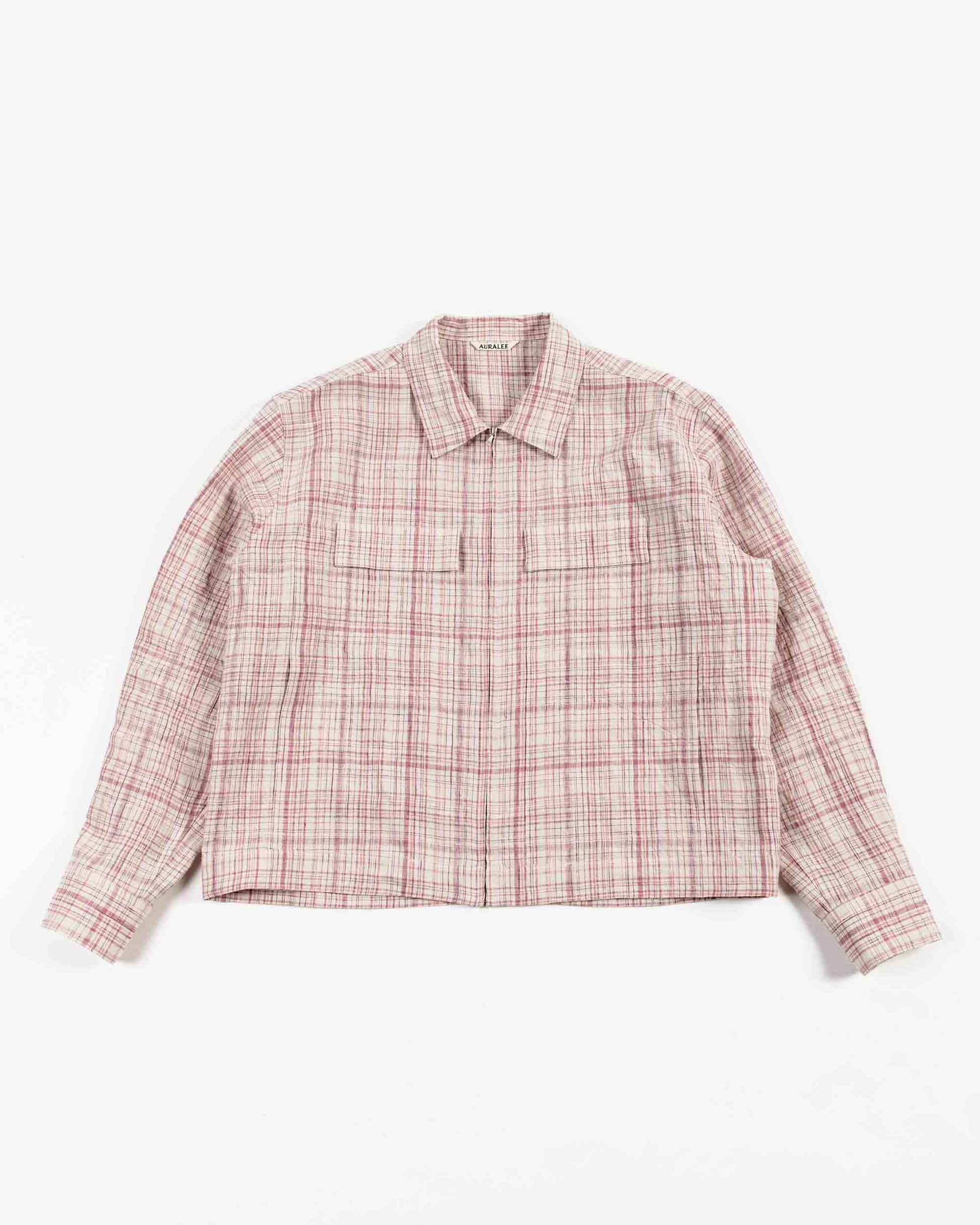 Auralee Linen Silk Check Zip Blouson White Purple Check