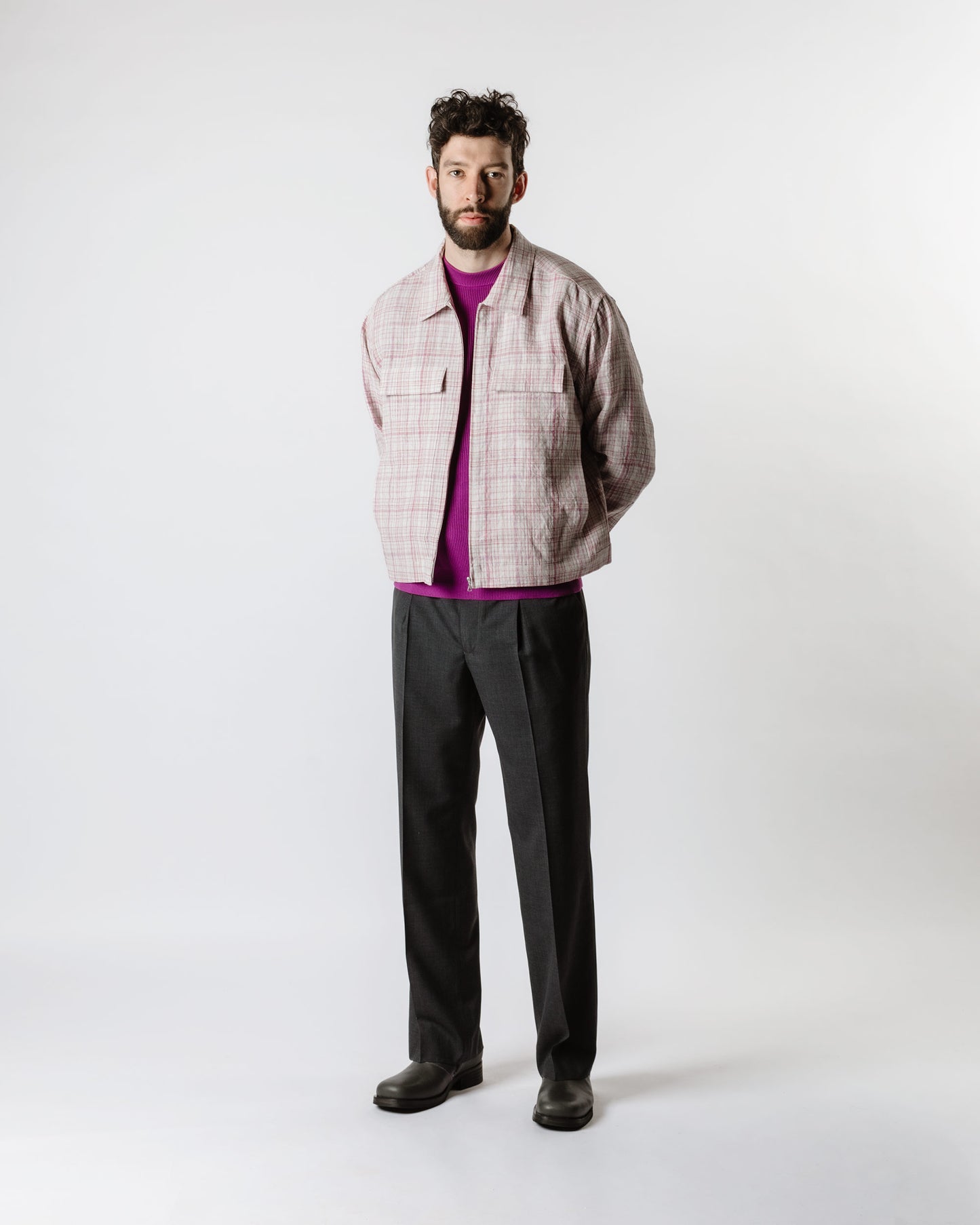 Auralee Linen Silk Check Zip Blouson White Purple Check Front