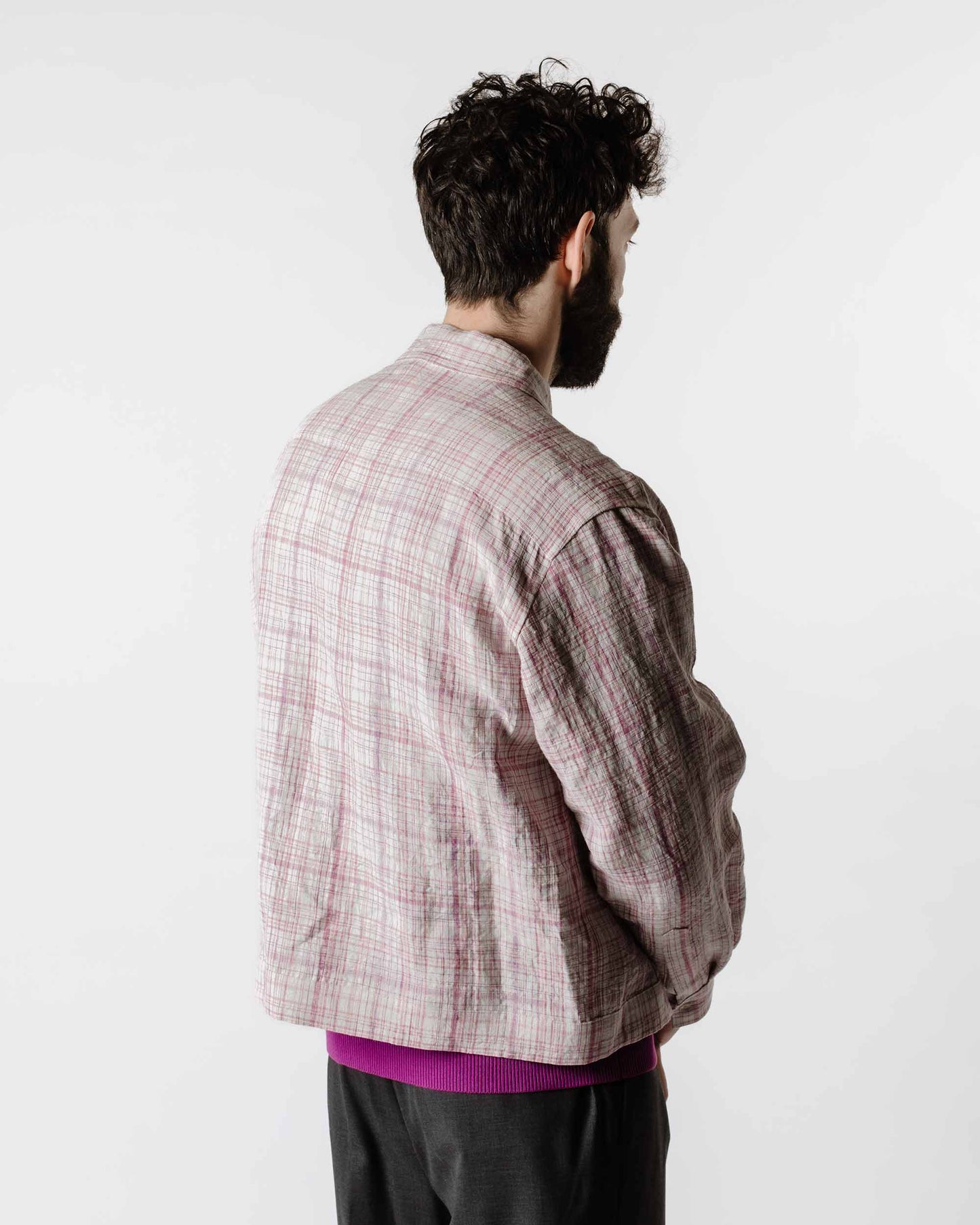 Auralee Linen Silk Check Zip Blouson White Purple Check Back