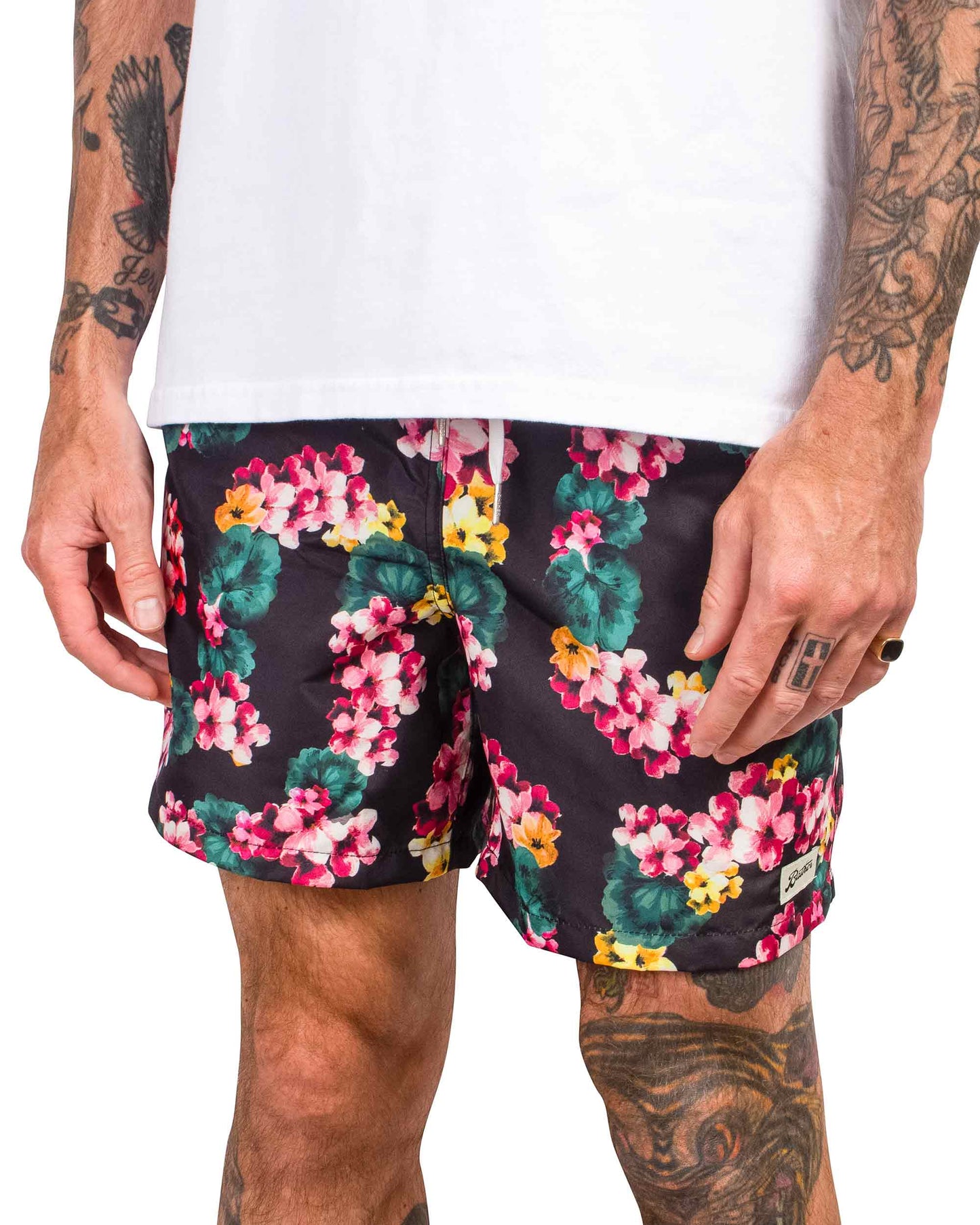 Bather Black Floral Lei Swim Trunk Close