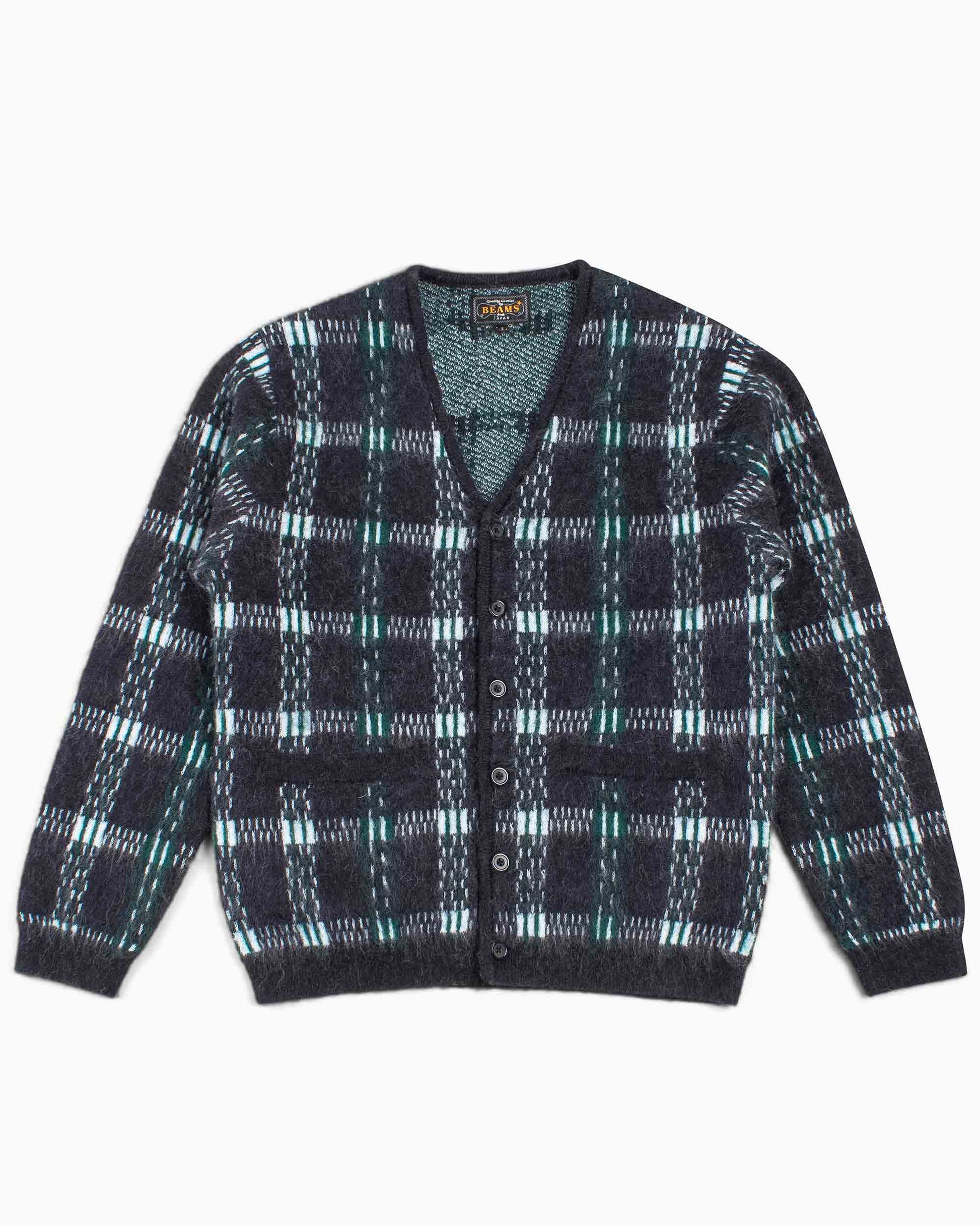 Beams Plus Cardigan Check Pattern Jacquard Mohair 9G Black