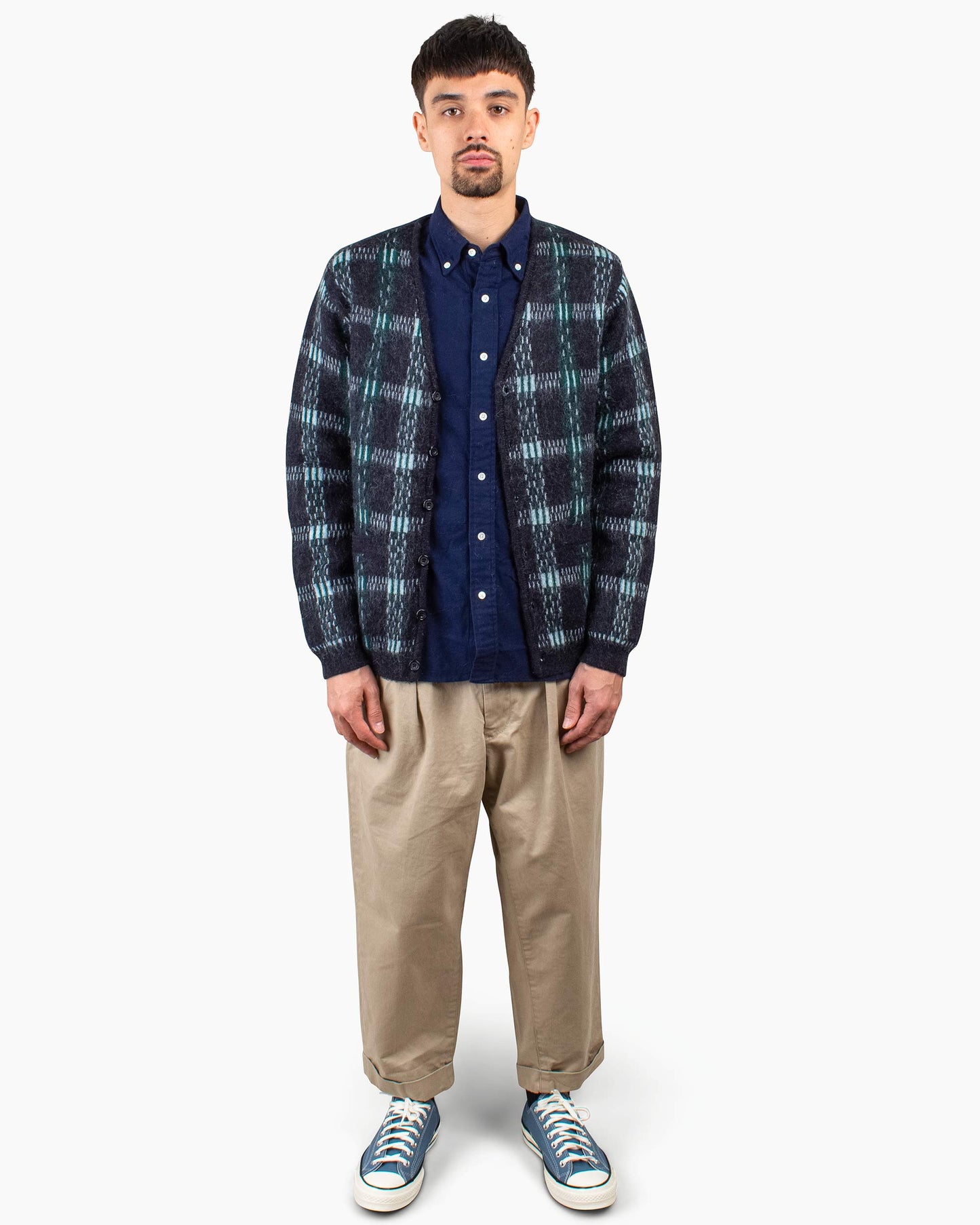 Beams Plus Cardigan Check Pattern Jacquard Mohair 9G Black Model