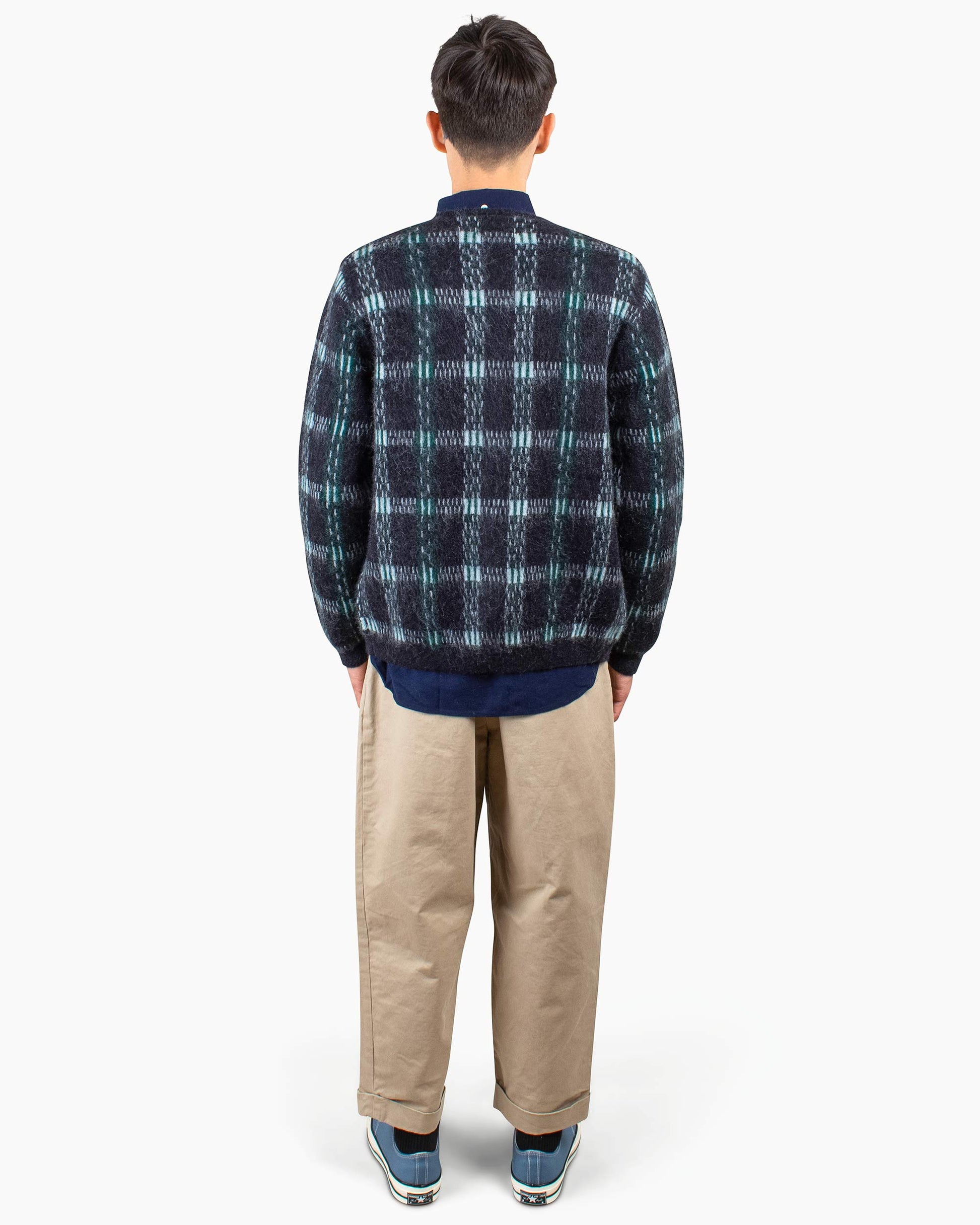 Beams Plus Cardigan Check Pattern Jacquard Mohair 9G Black Back