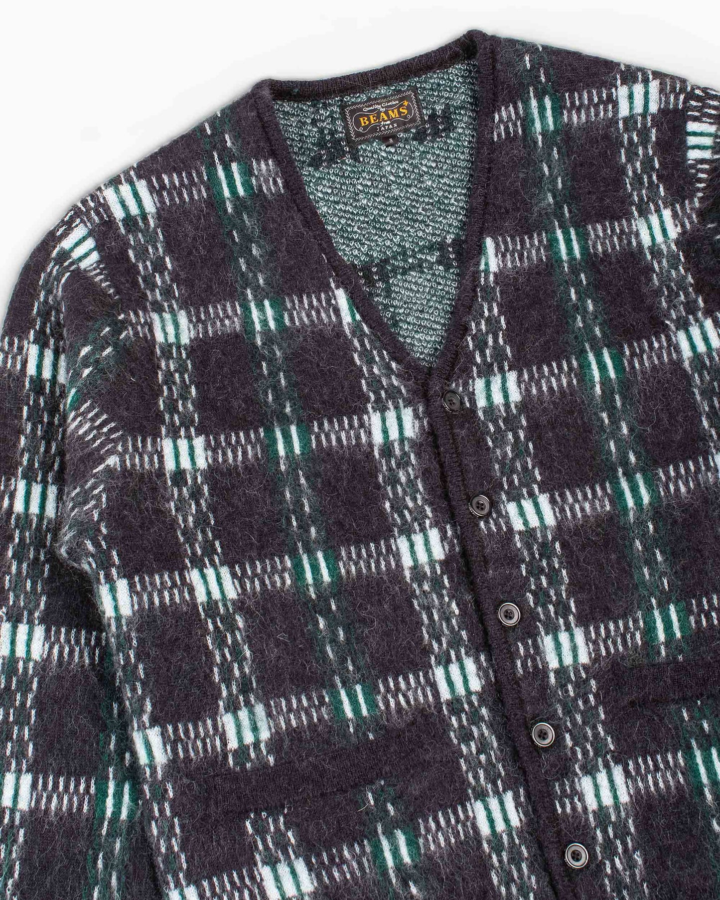 Beams Plus Cardigan Check Pattern Jacquard Mohair 9G Black Details