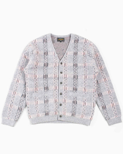 Beams Plus Cardigan Check Pattern Jacquard Mohair 9G Grey