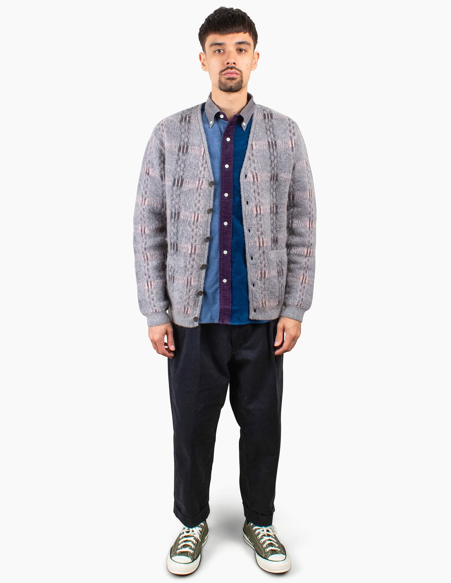 Beams Plus Cardigan Check Pattern Jacquard Mohair 9G Grey Model