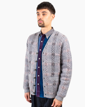 Beams Plus Cardigan Check Pattern Jacquard Mohair 9G Grey Close