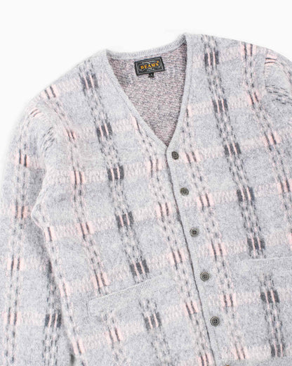 Beams Plus Cardigan Check Pattern Jacquard Mohair 9G Grey Details