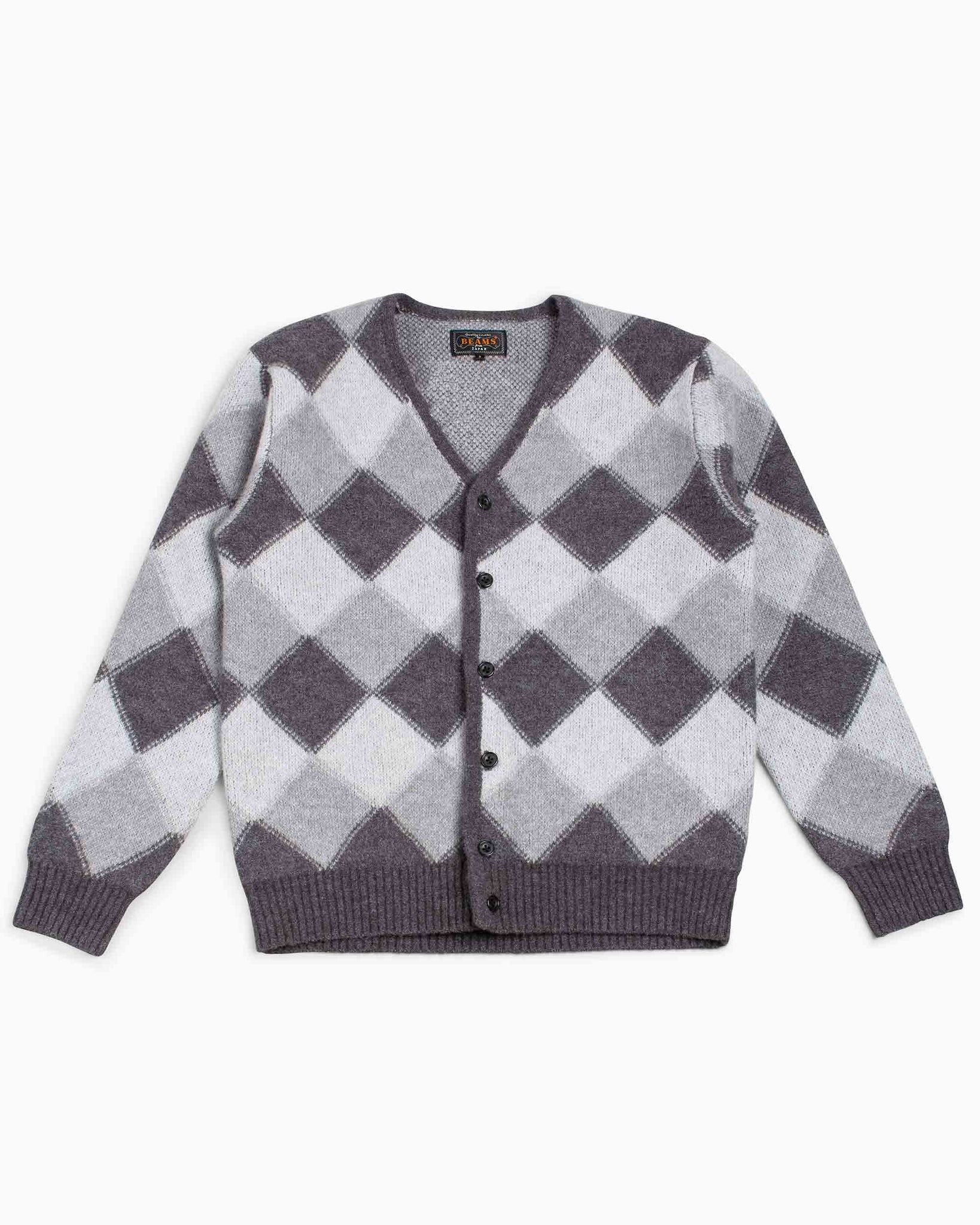 Beams Plus Cardigan Double Jacquard Argyle Pattern Grey