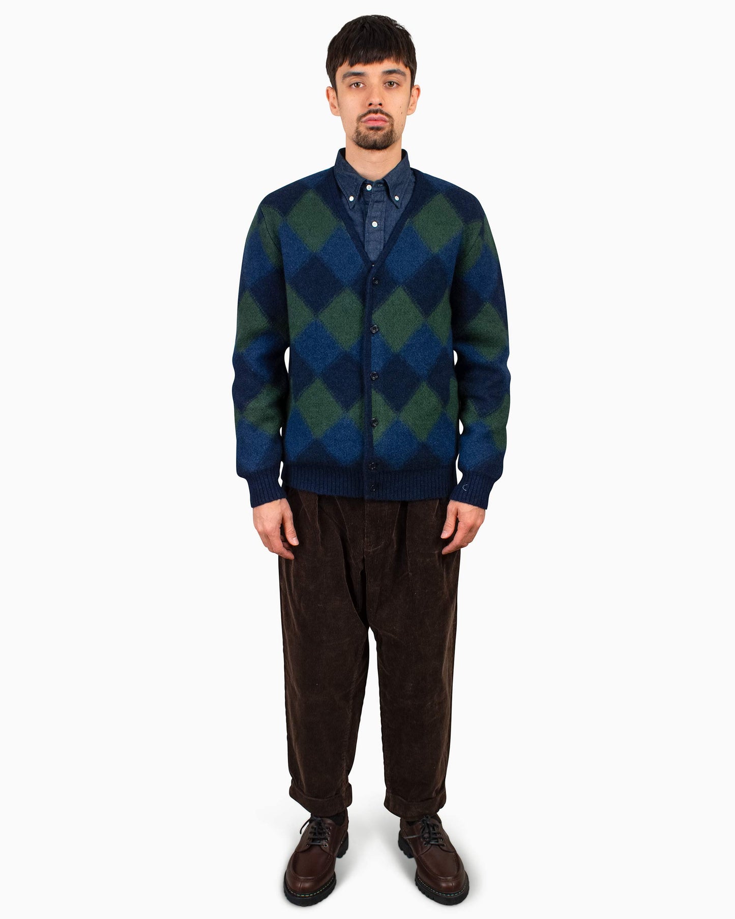 Beams Plus Cardigan Double Jacquard Argyle Pattern Navy Model