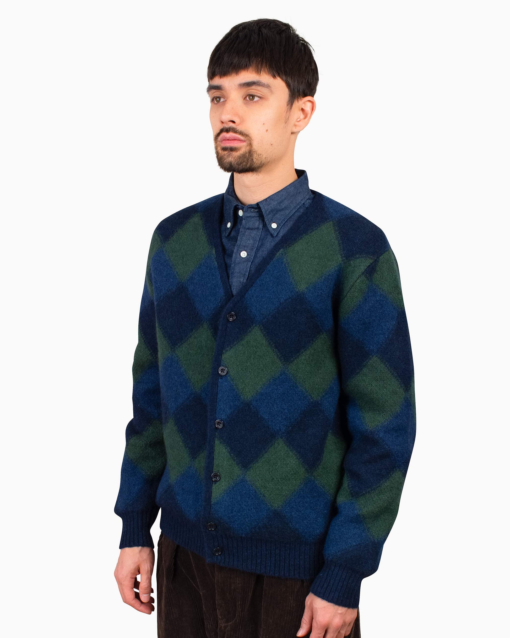 Beams Plus Cardigan Double Jacquard Argyle Pattern Navy Close