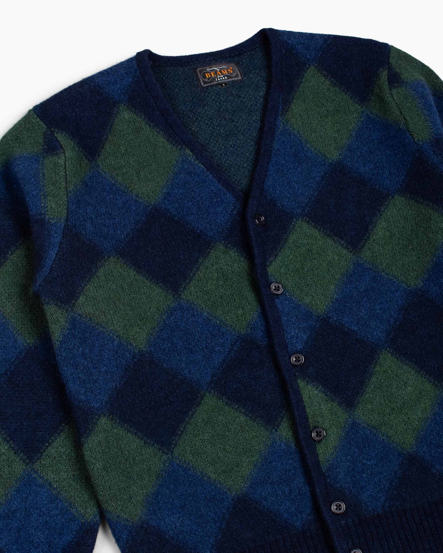 Beams Plus Cardigan Double Jacquard Argyle Pattern Navy Details