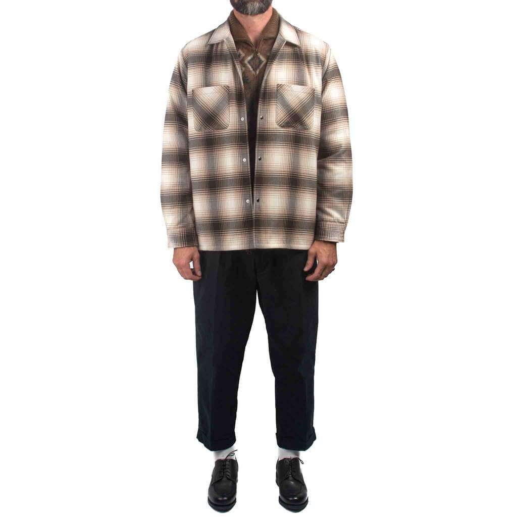 Beams Plus Quilt Open Collar Shirt Ombre Check Brown Front On Model