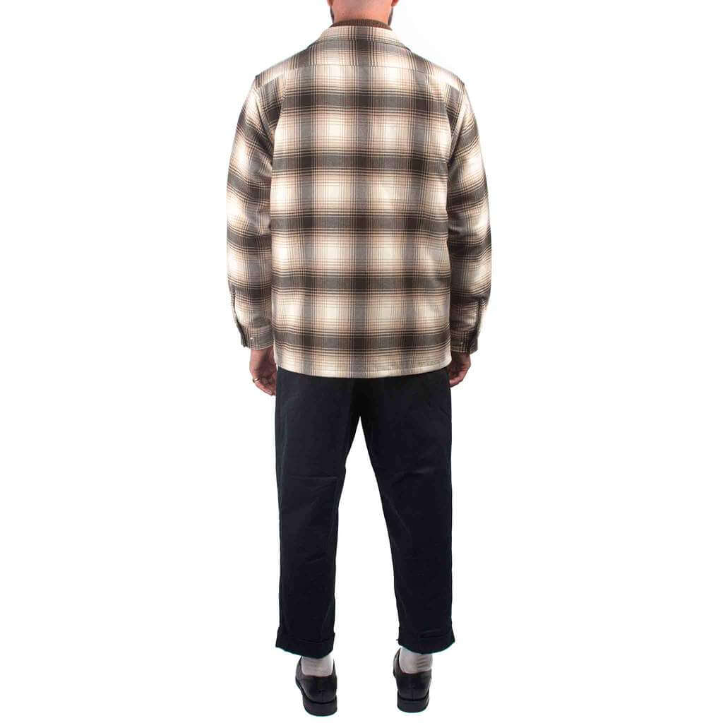 Beams Plus Quilt Open Collar Shirt Ombre Check Brown Back on Model