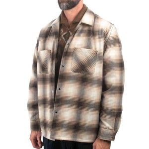 Beams Plus Quilt Open Collar Shirt Ombre Check Brown Front Detail on Model