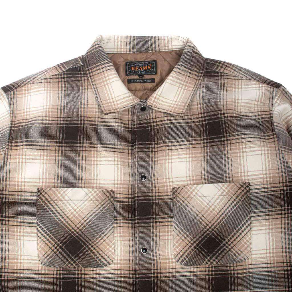 Beams Plus Quilt Open Collar Shirt Ombre Check Brown Front Collar Detail