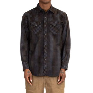 Engineered-Garments-Western-Shirt-Black-Brown-Flannel-Print-Dark-Check--Model-Front
