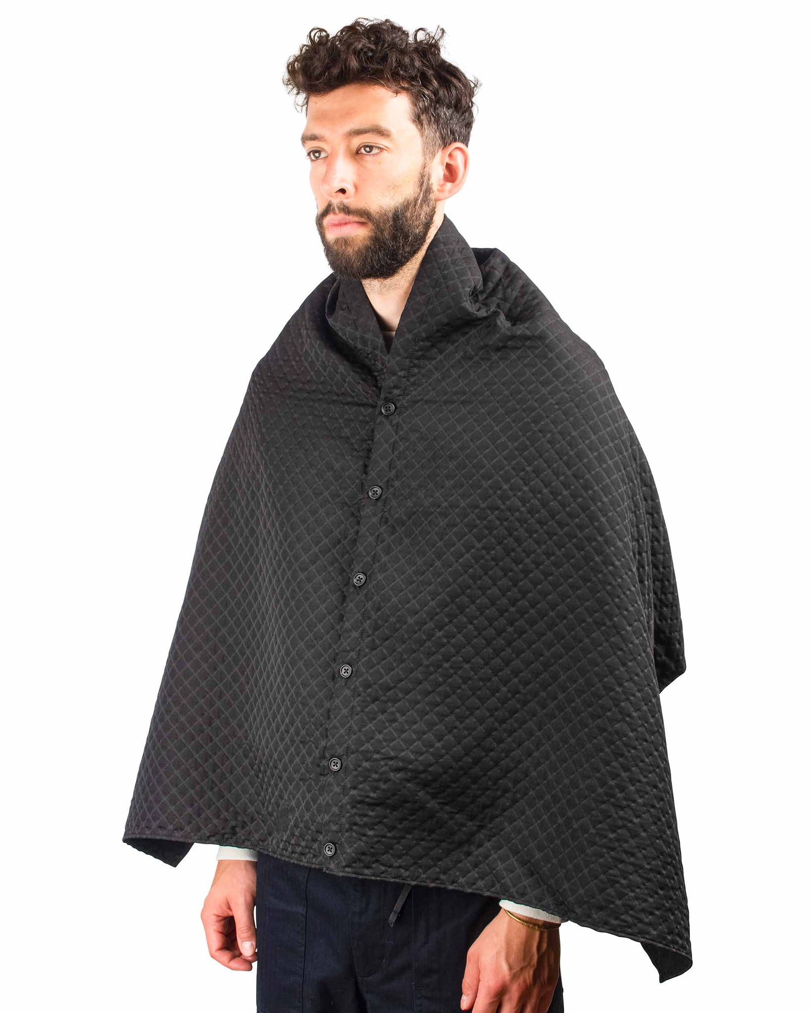 Engineered Garments Button Shawl Black Polyester Micro Quilt