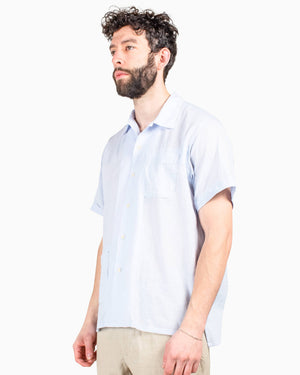Engineered Garments Camp Shirt Light Blue Cotton Crepe Model Side