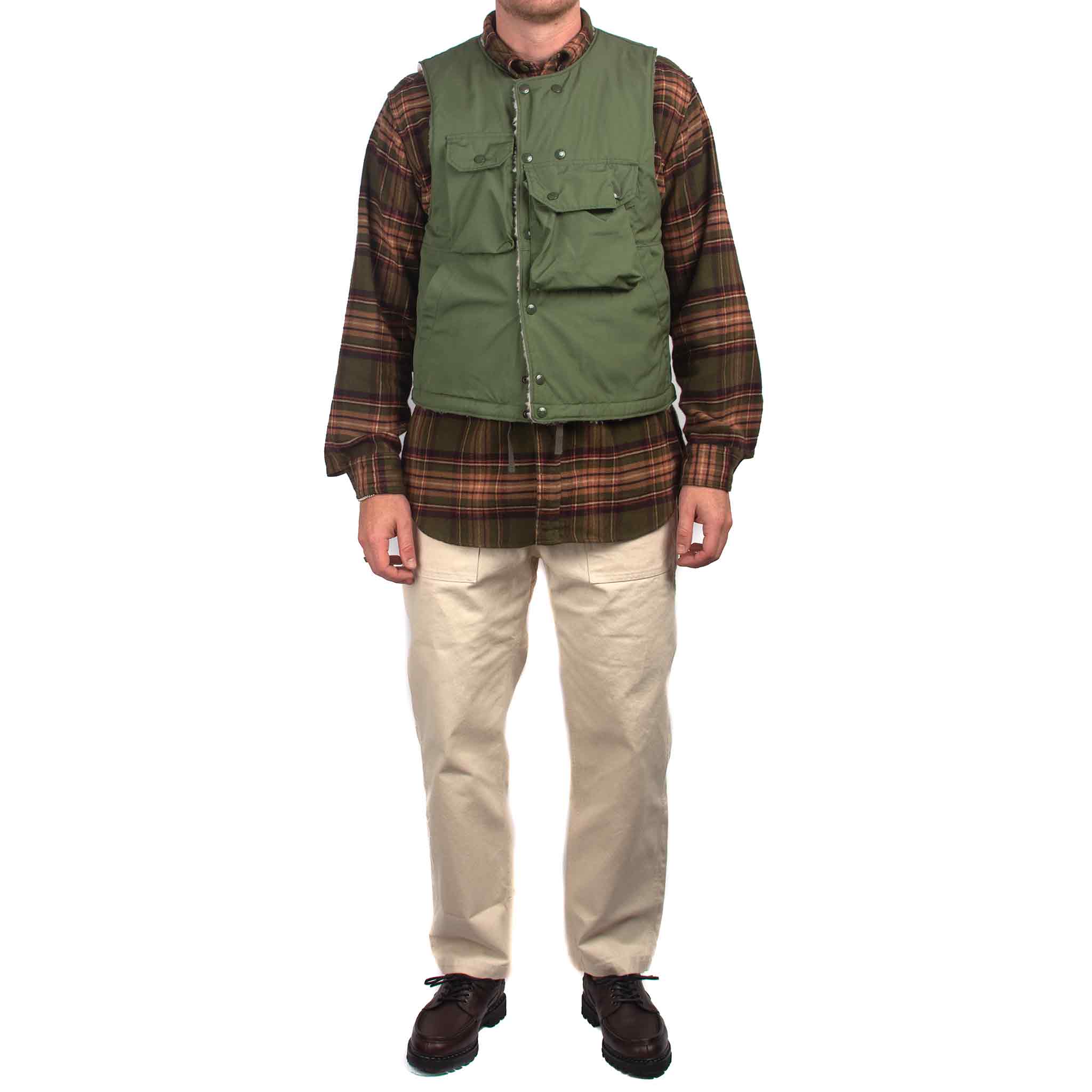 Engineered Garments Cover Vest Olive PC Poplin Model