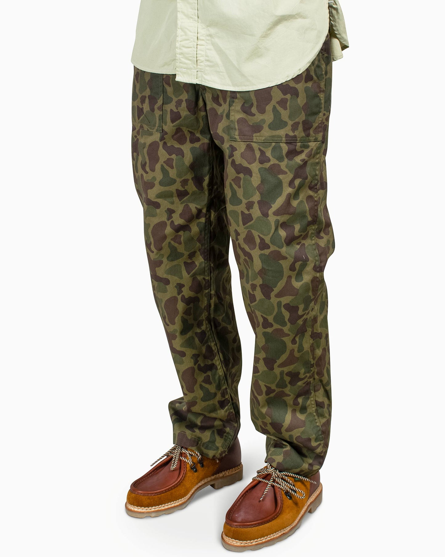 Engineered Garments Fatigue Pant Olive Camo 6.5oz. Flat Twill Model Side