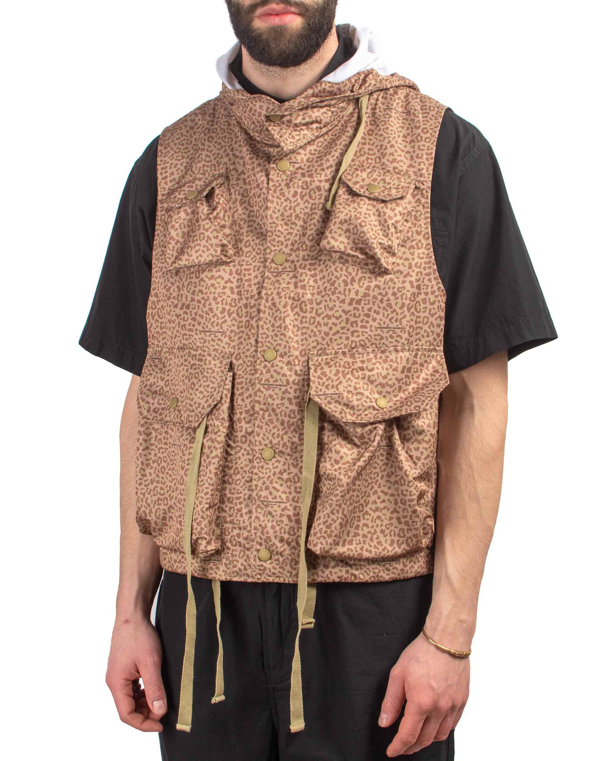 Engineered Garments Field Vest Brown Poly Fibre Leopard Print Close