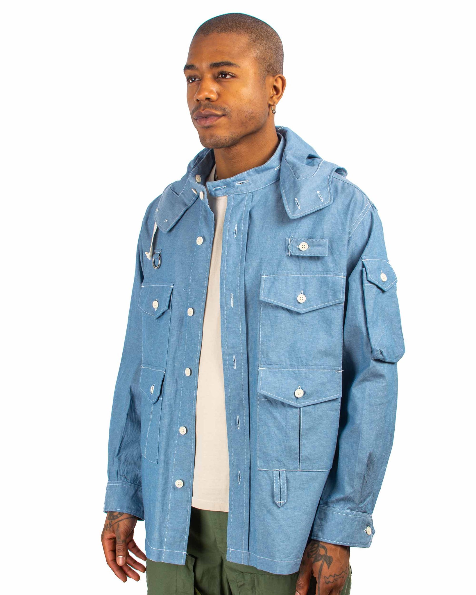 Engineered Garments Fishing Over Shirt Jacket Light Blue Cotton Chambray Close
