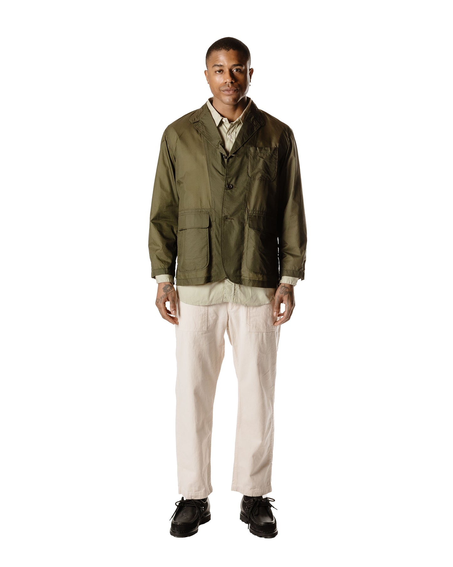 Engineered Garments Loiter Jacket Olive Nylon Micro Ripstop Model