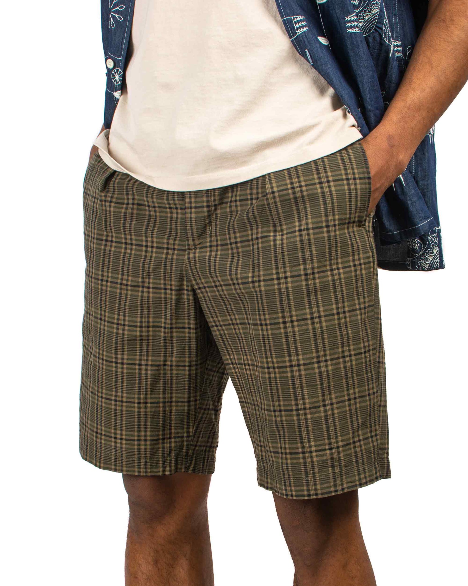 Engineered Garments Sunset Short Olive Brown Cotton Madras Check Close